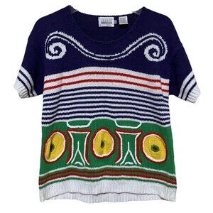 Vintage Leslie Fay Cropped Sweater M Color Block Abstract Striped Dopamine